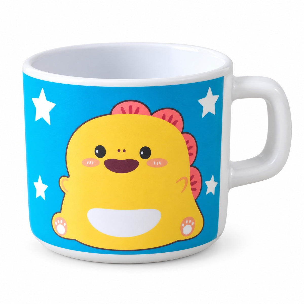 Tasse à anse du set dinosaure, illustration jaune sur fond bleu étoilé