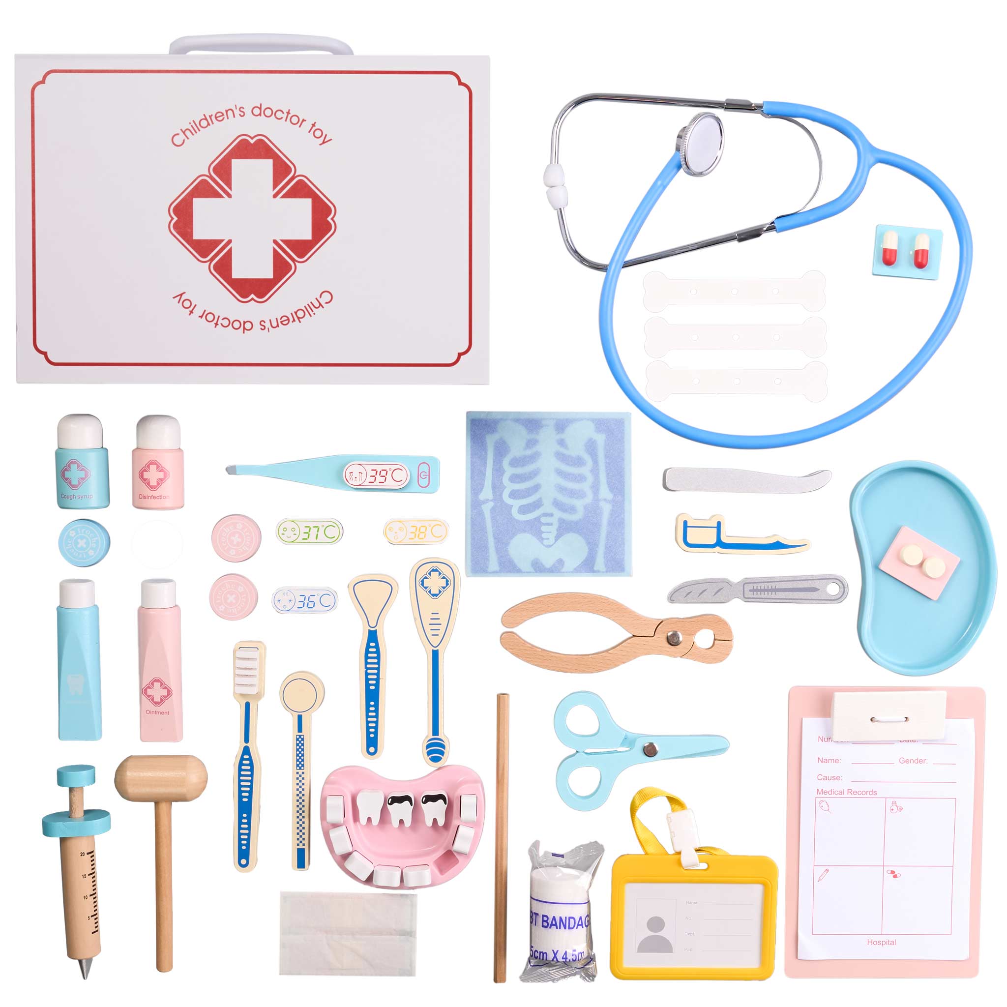 Les 47 pièces en bois du kit docteur et dentiste : stéthoscope, thermomètre, radio, mâchoire, instruments et pansements