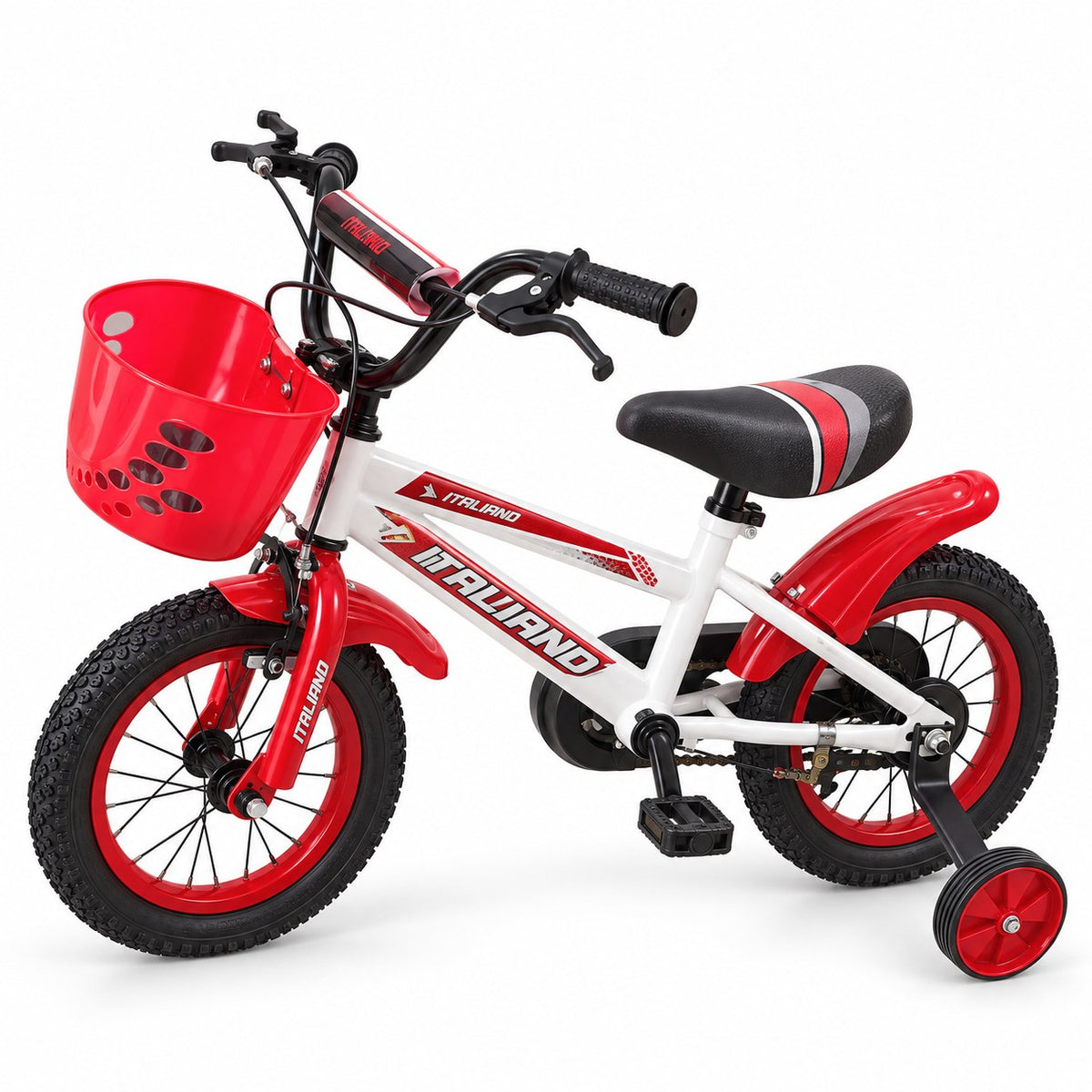 Vélo enfant ITALIANO rouge et blanc avec panier avant, garde-boue, roulettes stabilisatrices et pneus à crampons