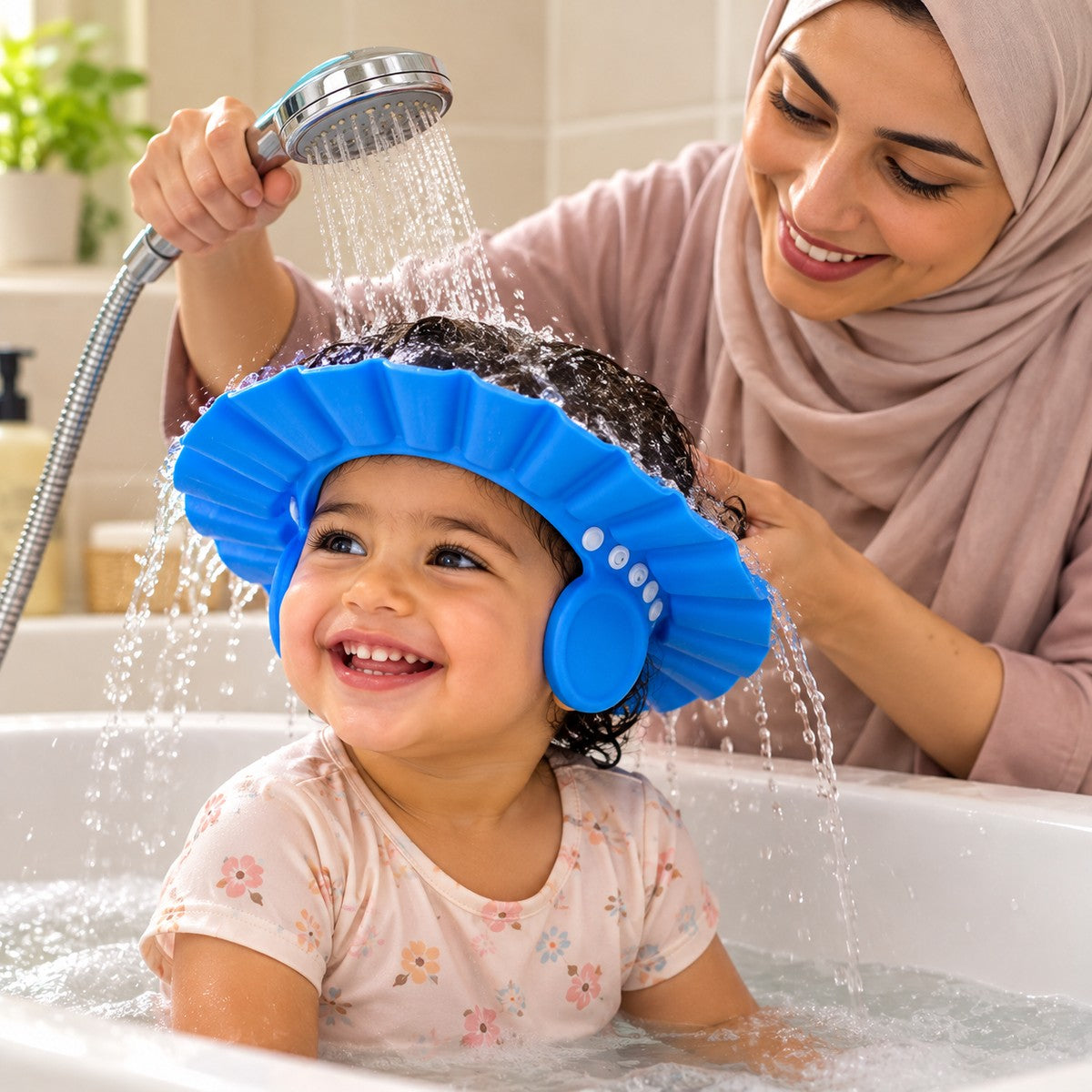 Enfant portant la visière de bain pendant le rinçage des cheveux
