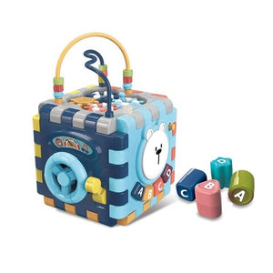 Cube d'activités VIVAKIDS bleu avec boulier, volant, trieur de formes et blocs ABC