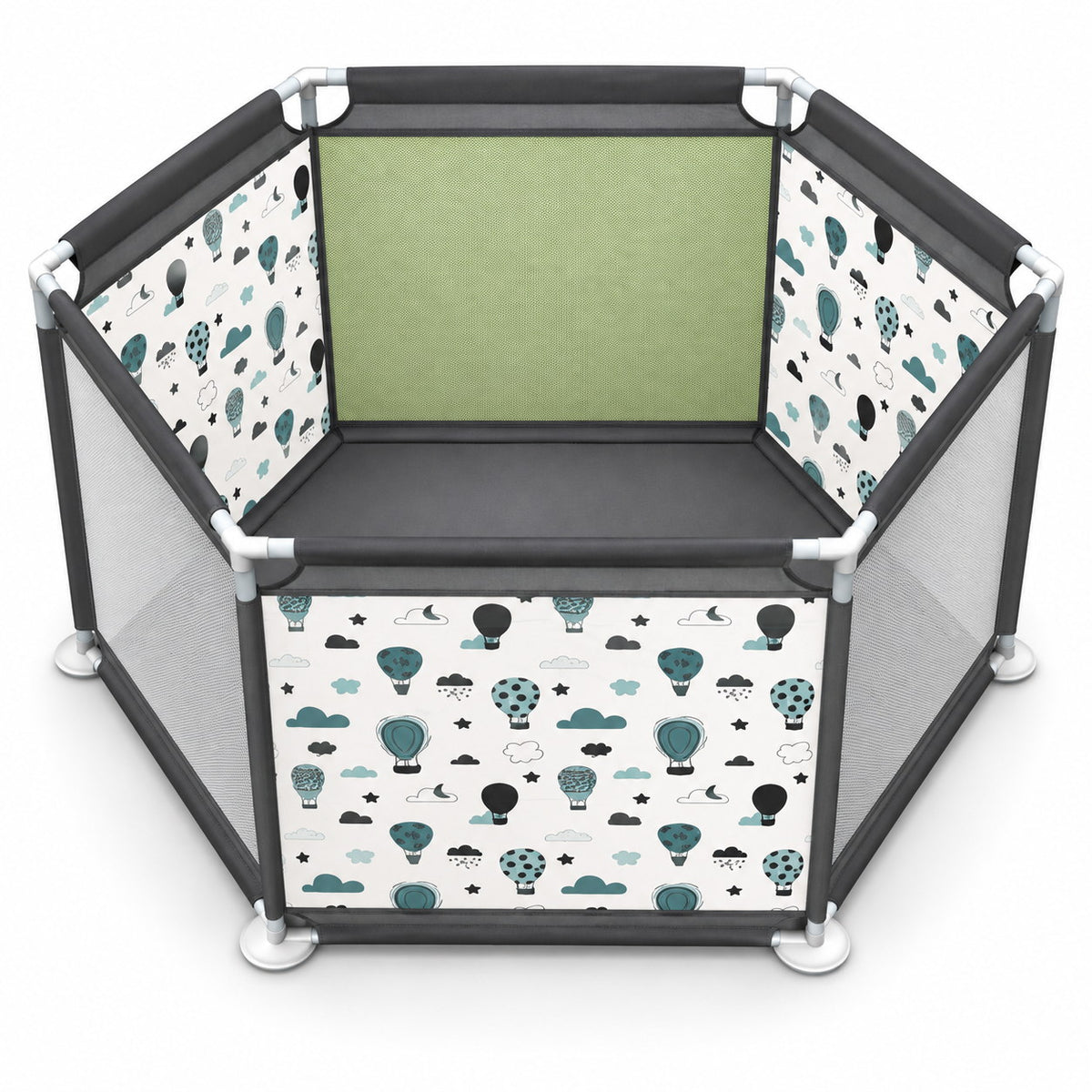 Parc bébé hexagonal Vivakids monté, panneaux montgolfières et tapis de sol intégré