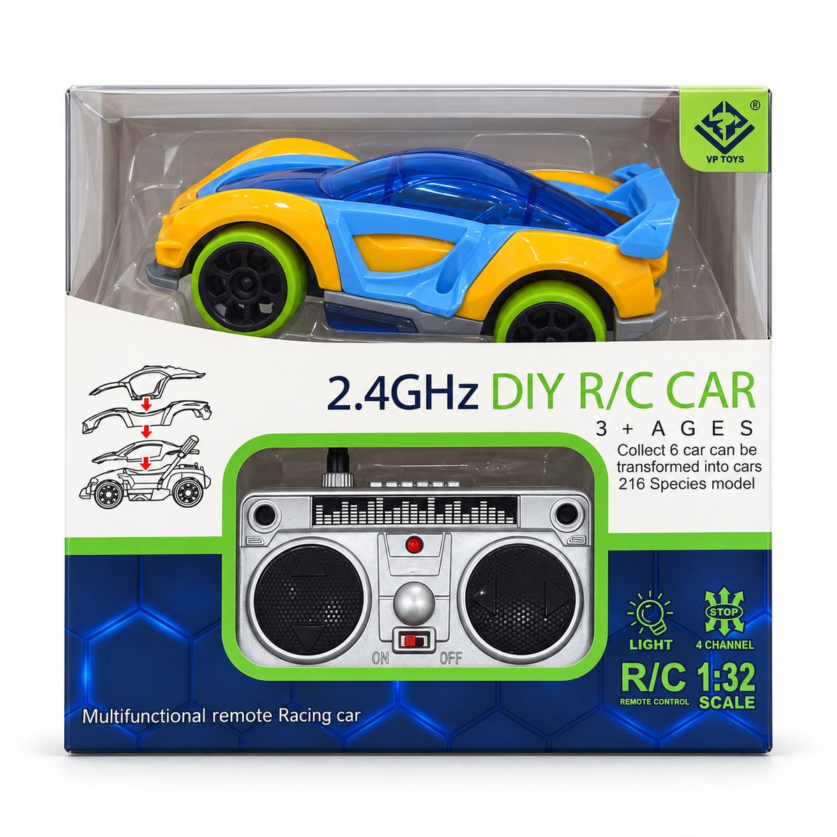 Boîte VP TOYS 2.4GHz DIY R/C Car échelle 1:32, mentions 4 canaux, phares et 3 ans et plus