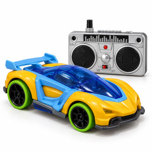 Voiture de course radiocommandée VP TOYS jaune et bleue à jantes vertes avec sa télécommande 2.4 GHz