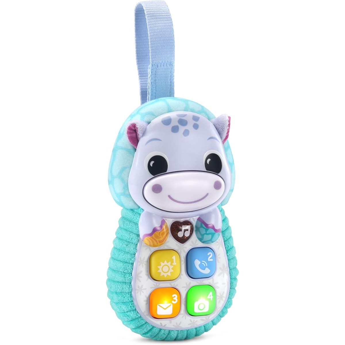 Téléphone VTech Allô Bébé Toudoux bleu en forme d'hippopotame, 4 touches lumineuses numérotées, bouton cœur et sangle d'attache