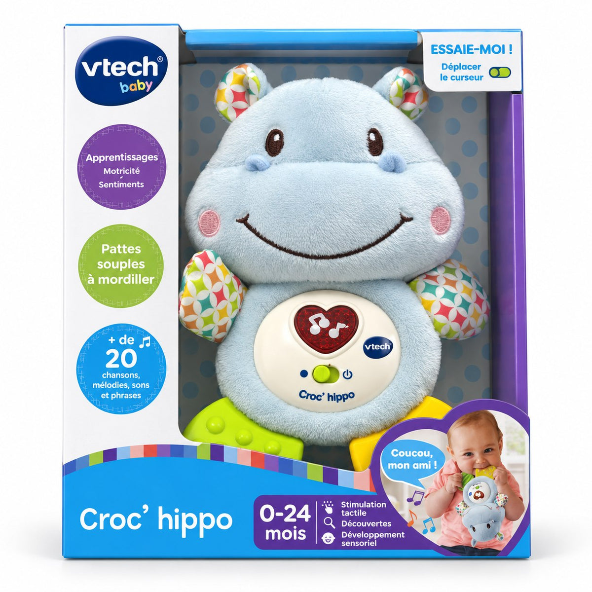 Boîte VTech Baby Croc' hippo : pattes souples à mordiller, plus de 20 chansons, 0 à 24 mois