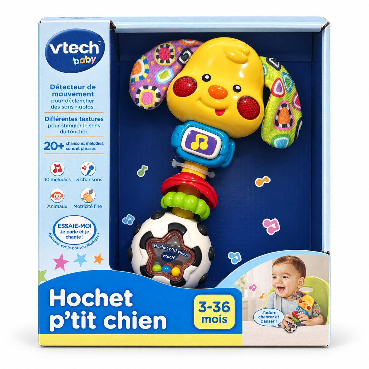 Boîte VTech Baby Hochet p'tit chien : détecteur de mouvement, 20+ chansons et sons, 3 à 36 mois