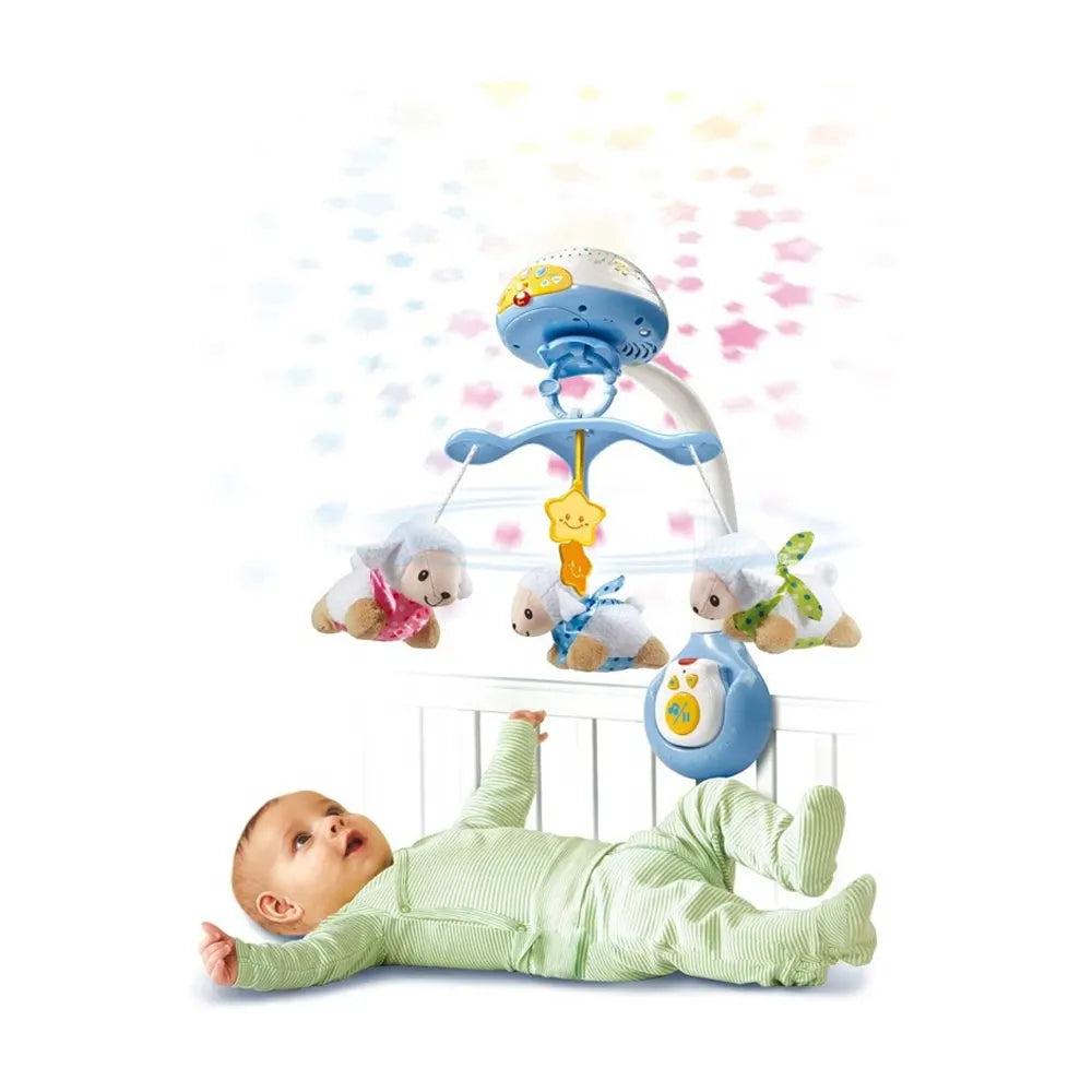 Mobile VTech Lumi avec trois moutons en tissu projetant des étoiles au-dessus d'un bébé