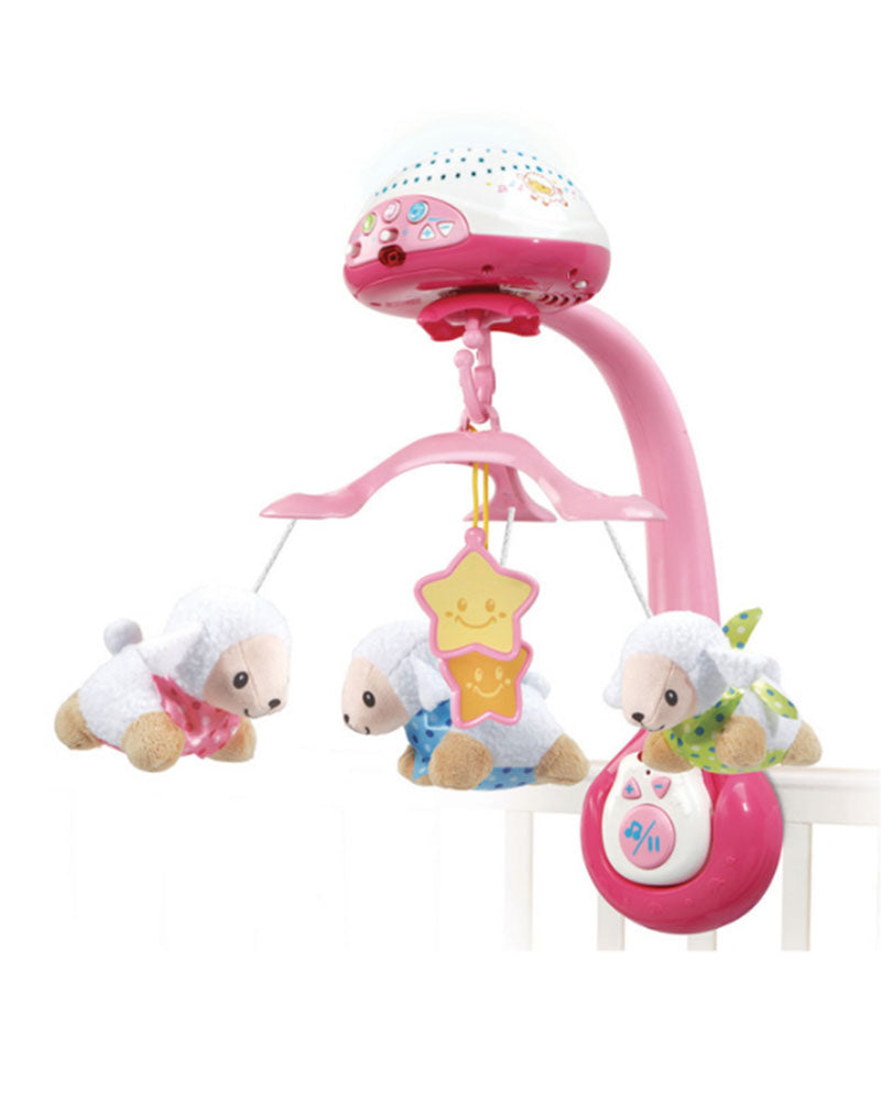 Mobile VTech Lumi Compte-moutons rose avec trois moutons en tissu et globe projecteur, dès la naissance
