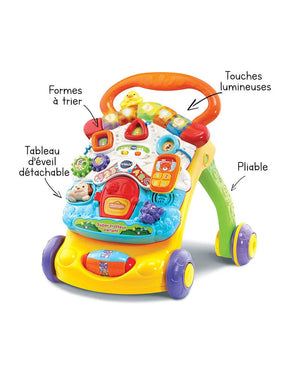 Fonctions du VTech Super Trotteur Parlant : formes à trier, touches lumineuses, tableau détachable, pliable