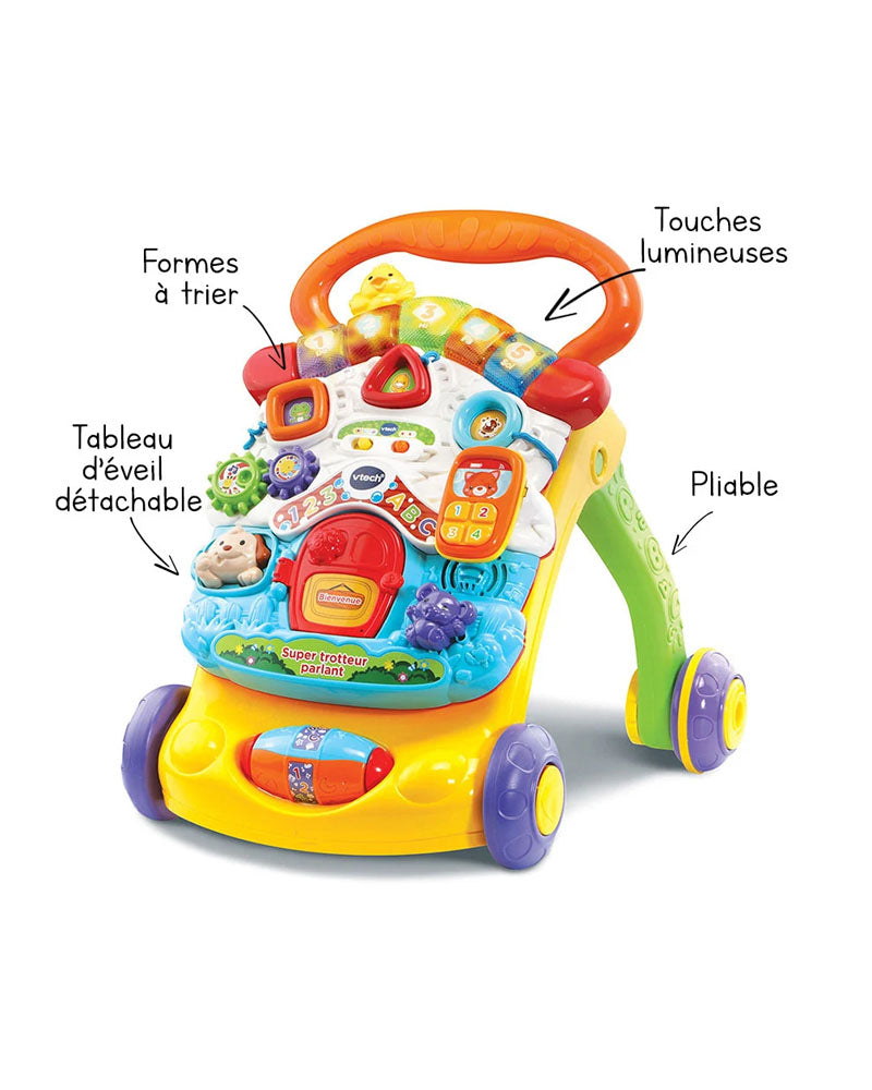 Fonctions du VTech Super Trotteur Parlant : formes à trier, touches lumineuses, tableau détachable, pliable