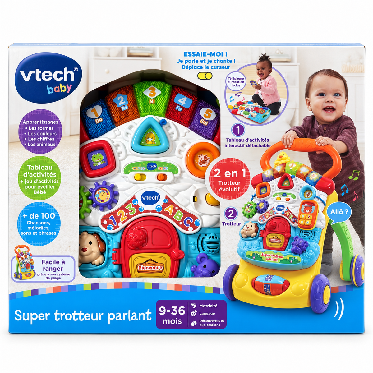 VTech Super Trotteur Parlant 2 en 1 – tableau d'éveil détachable, freinage réglable, dès 9 mois
