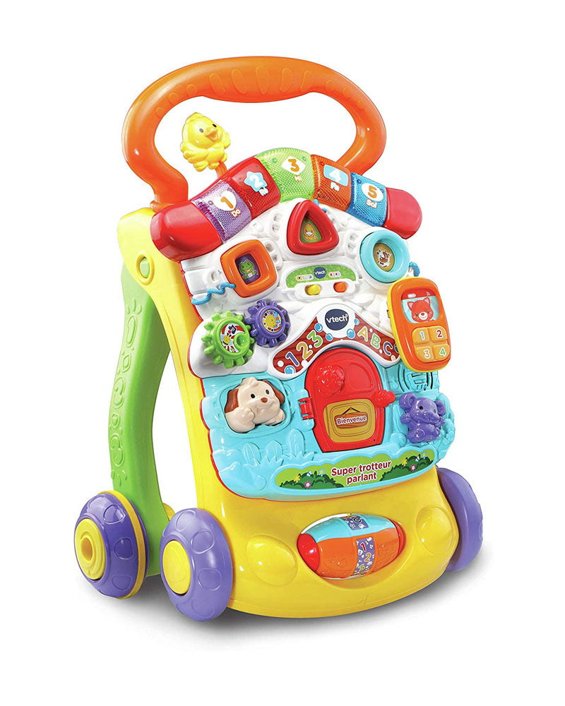 VTech Super Trotteur Parlant 2 en 1 vue de trois quarts avec ses quatre roues