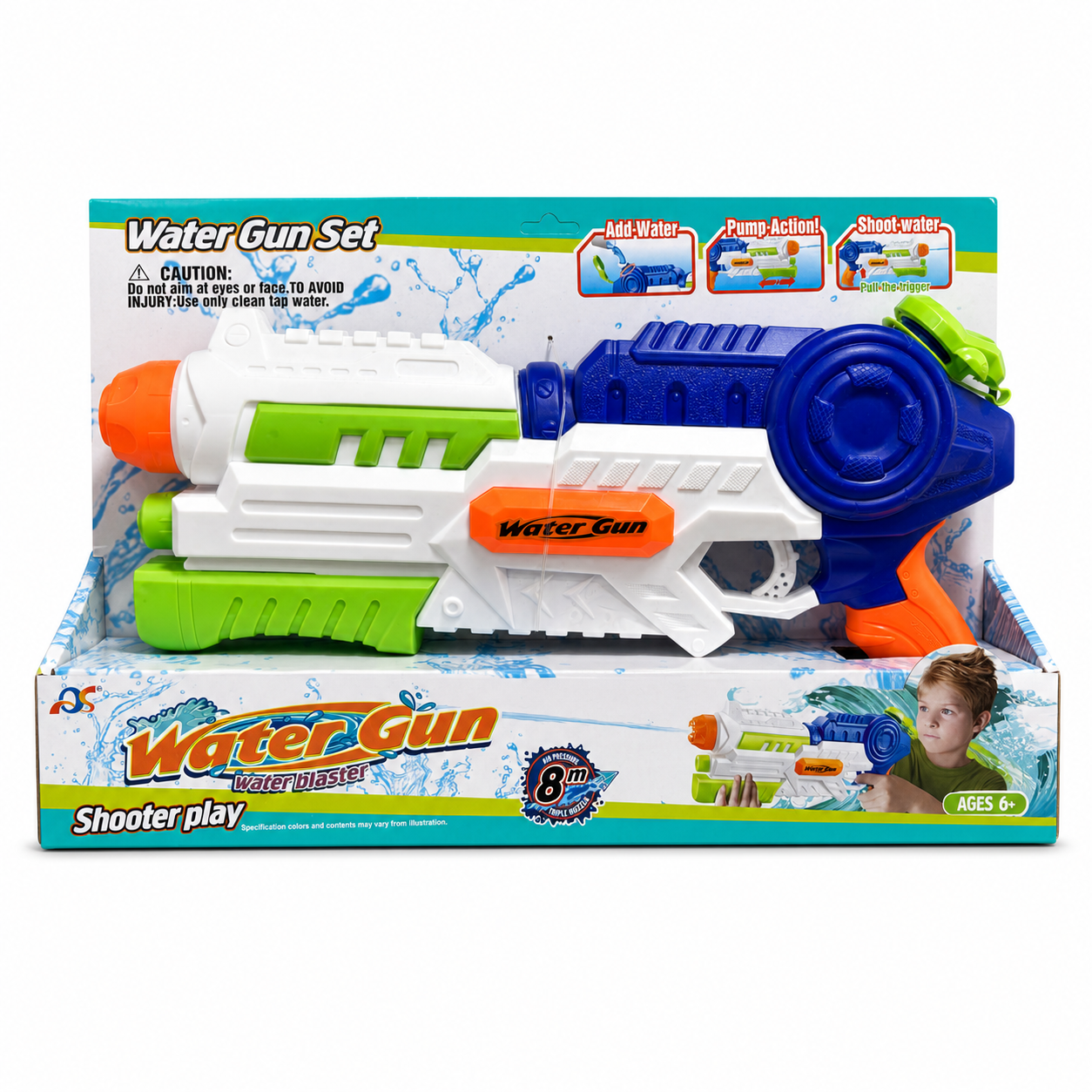 Boîte Water Gun Set : grand pistolet à eau à pompe avec triple buse et portée de 8 mètres, dès 6 ans
