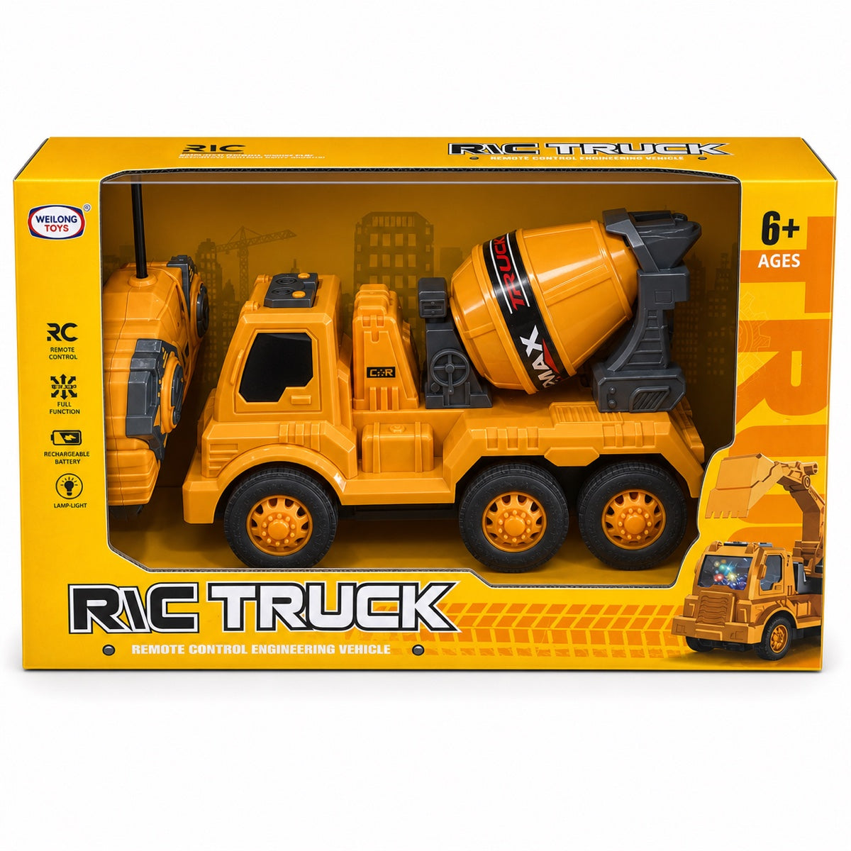Camion toupie radiocommandé Weilong Toys orange avec télécommande, dans sa boîte R/C Truck, dès 6 ans