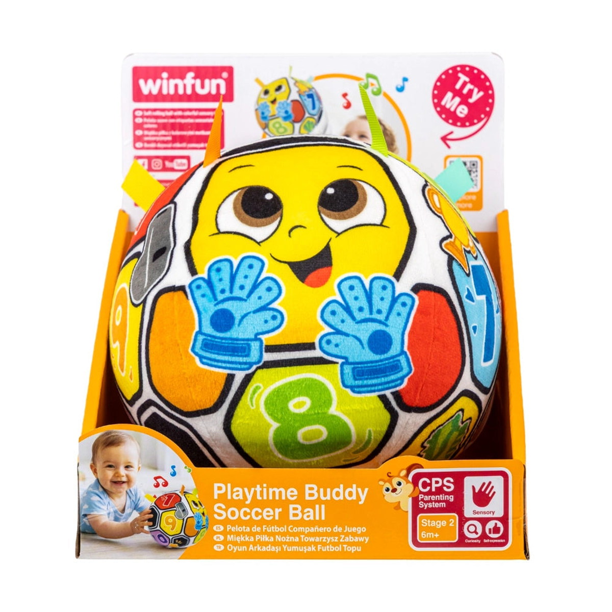 Winfun Playtime Buddy, ballon de foot musical souple en tissu avec visage souriant et étiquettes colorées