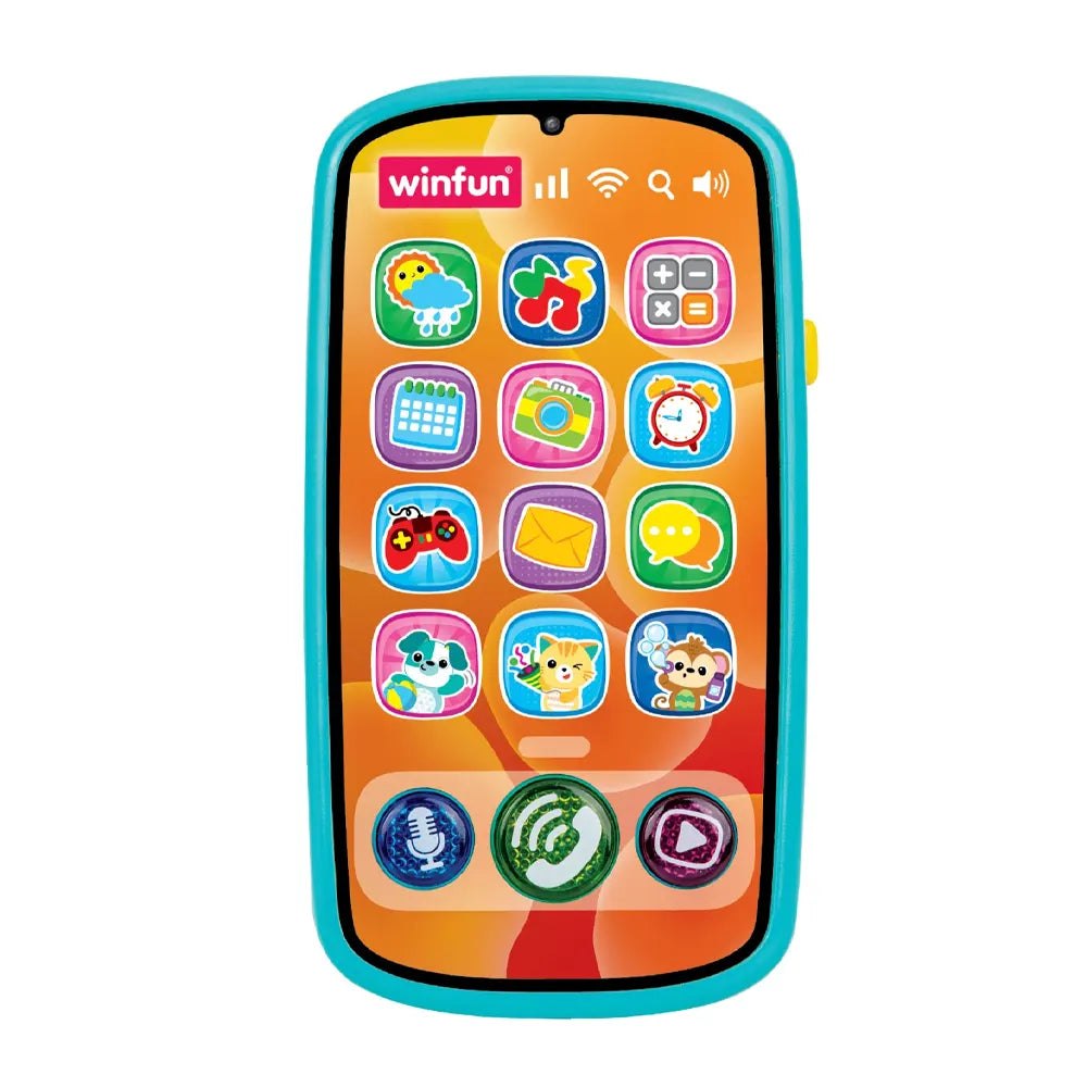 Smartphone jouet Winfun Chatter & Play turquoise avec 12 icônes colorées et boutons micro, appel et lecture