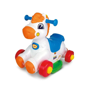 Winfun Junior Rider : cheval à bascule blanc et orange 2 en 1 avec poignées bleues et roues rouges