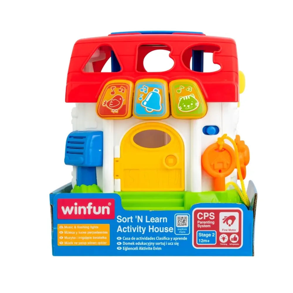 Maison d'activités Winfun Sort 'N Learn dans son emballage, toit trieur rouge et porte à clé