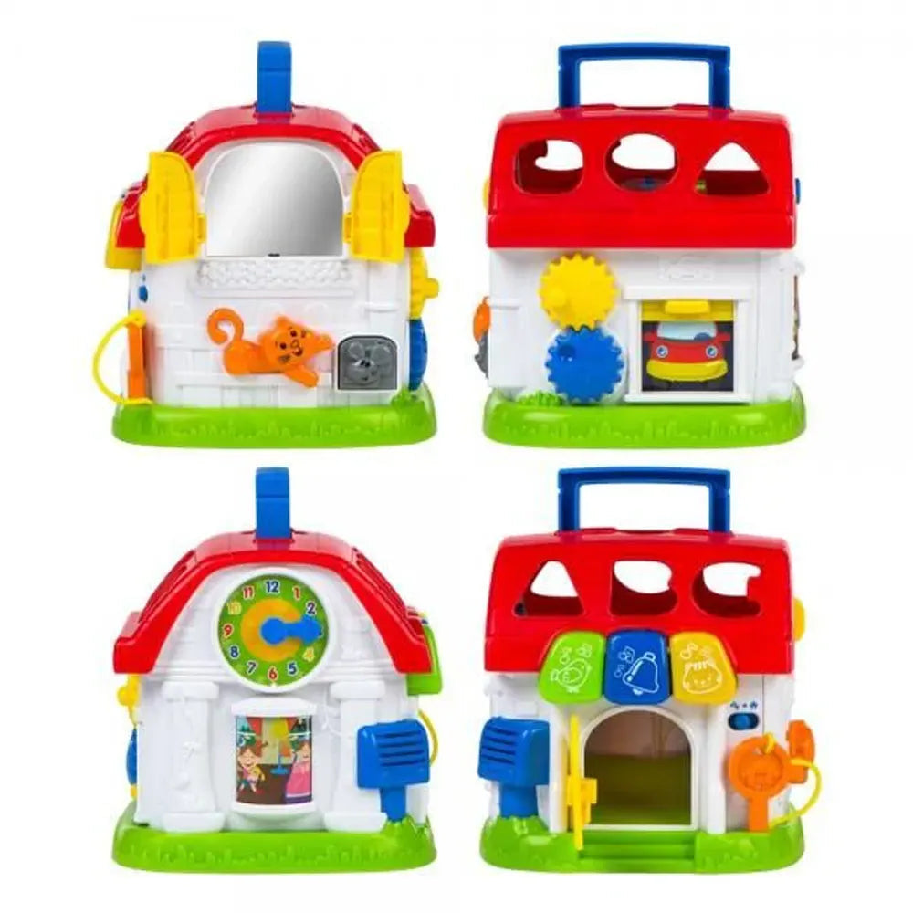 Détail de la maison d'activités Winfun : porte à serrure, horloge et boutons lumineux
