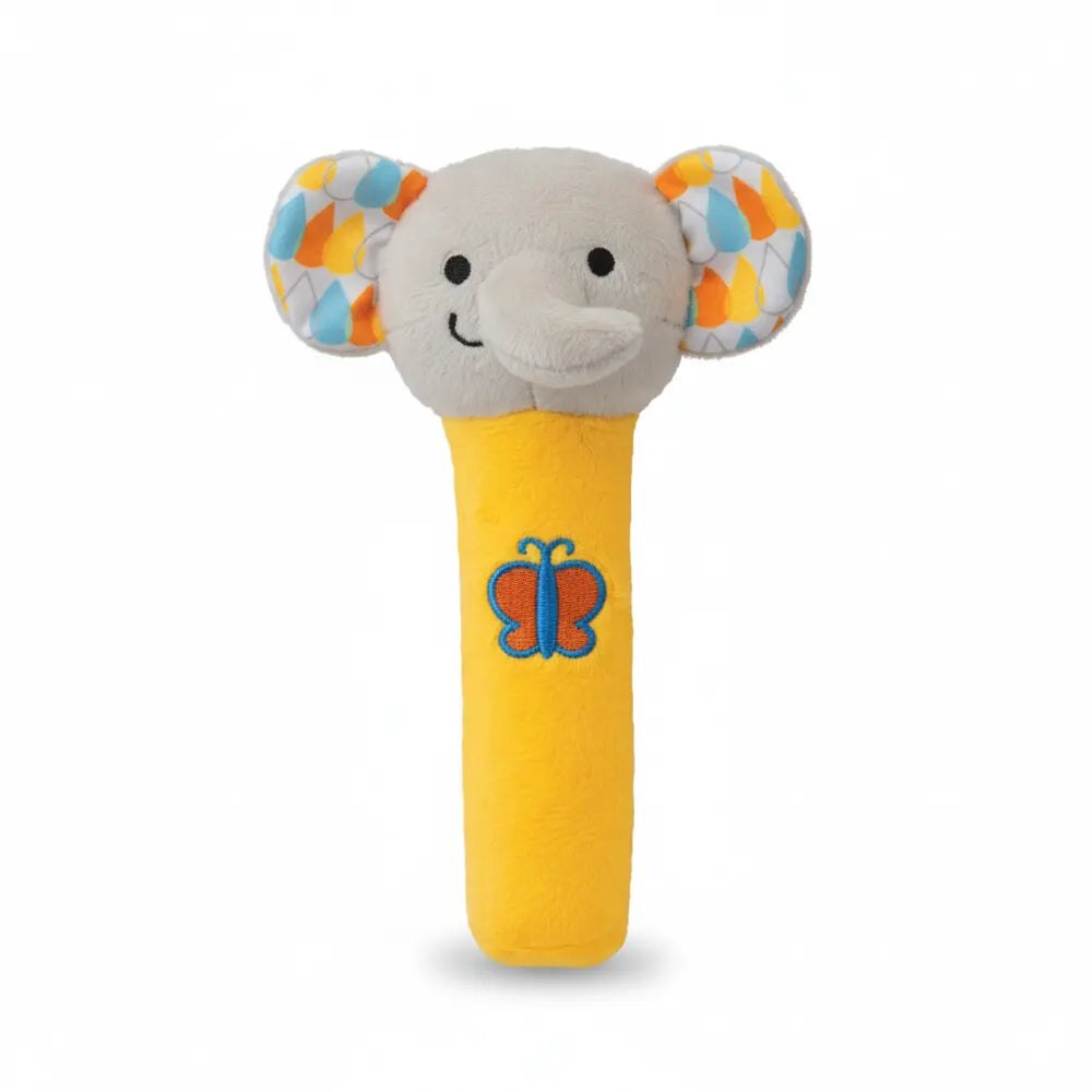 Hochet bâton Winfun Squeak 'N Shake Éléphant, tête grise à grandes oreilles colorées et manche jaune brodé d'un papillon