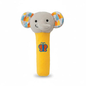 Hochet bâton Winfun Squeak 'N Shake Éléphant, tête grise à grandes oreilles colorées et manche jaune brodé d'un papillon