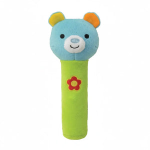 Hochet bâton Winfun Squeak 'N Shake Ours, tête bleue et manche vert brodé d'une fleur
