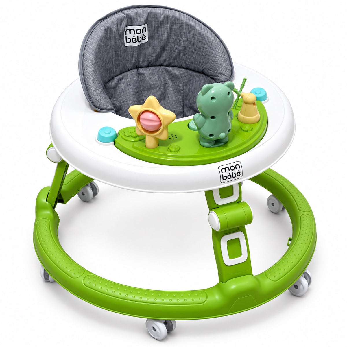 Youpala rond MonBébé vert et blanc avec plateau d'activités hippopotame et siège rembourré gris