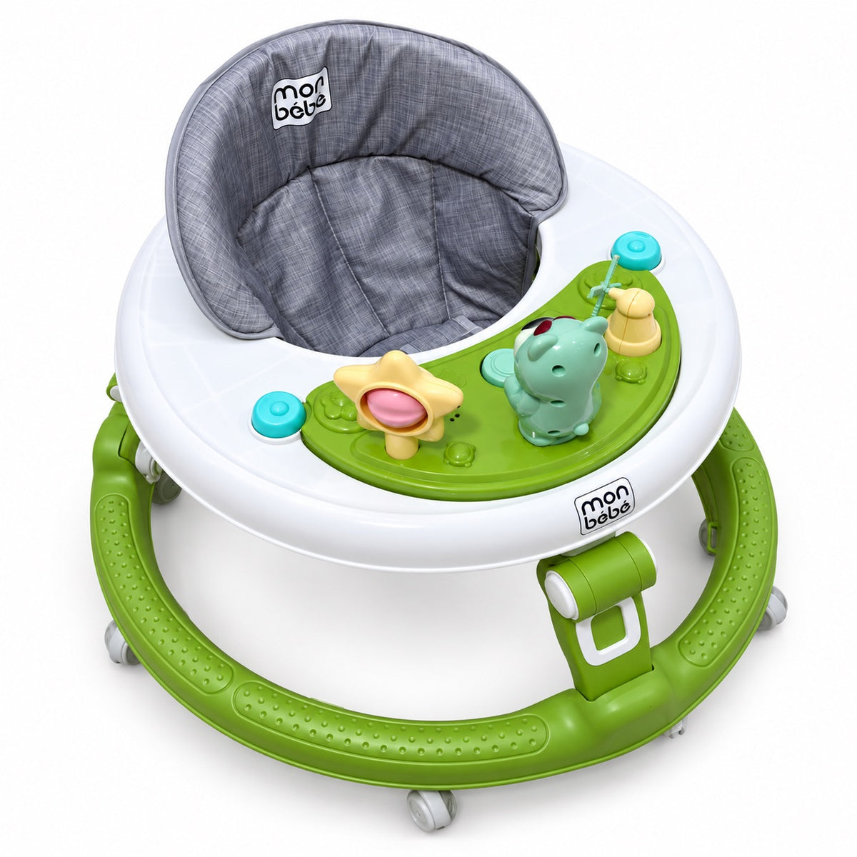 Youpala MonBébé vert vu de dessus, montrant le panneau de jeu amovible et le réglage de hauteur