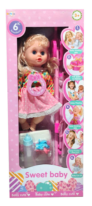 Coffret Sweet Baby : poupée interactive 6 fonctions avec poussette rose, biberon et couche, dès 3 ans
